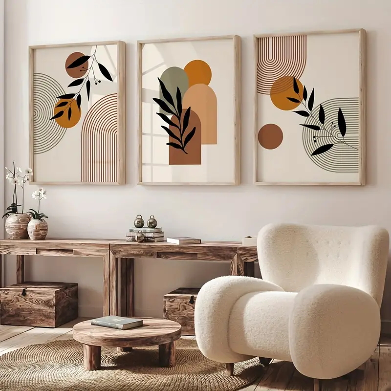 Abstract Canvas Set - 3 Buah Poster Abstrak Geometris Tanaman